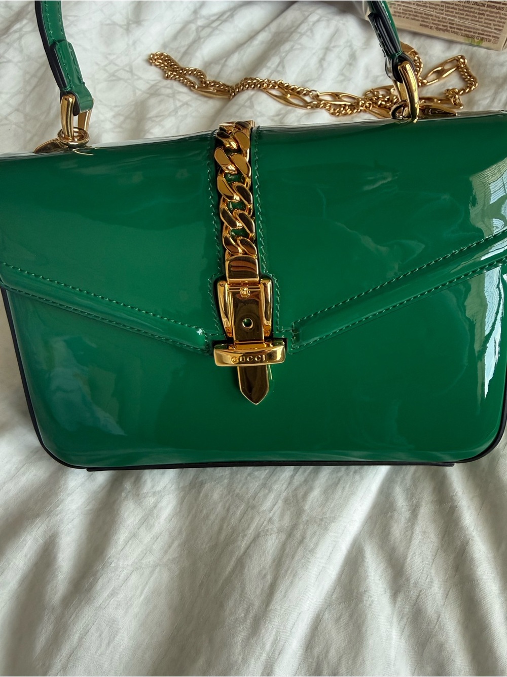 Gucci Emerald Patent Leather Shoulder Bag with Gold Chain
